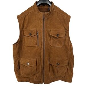Roundtree & Yorke Vest Mens XXL Cognac Brown Suede Leather Plaid Lined Utility